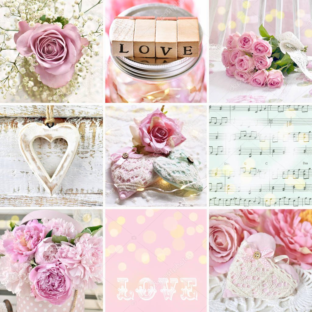 pastel color collage with love symbols for Valentines or weddings 