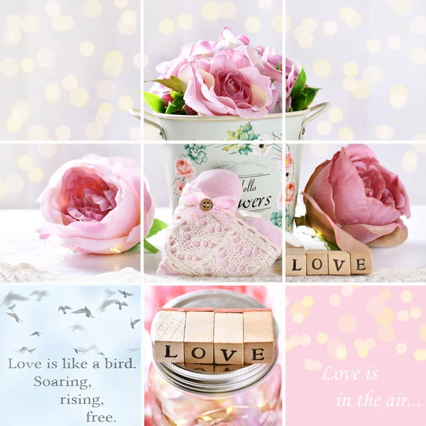 Kolaż Kolor Pastelowy Symbolami Miłości Walentynki Lub Wesela — Zdjęcie stockowe