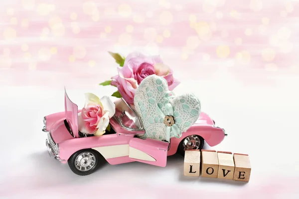 Pink Cabriolet Toy Car Heart Roses Wooden Cubes Letters Love — Stock Photo, Image