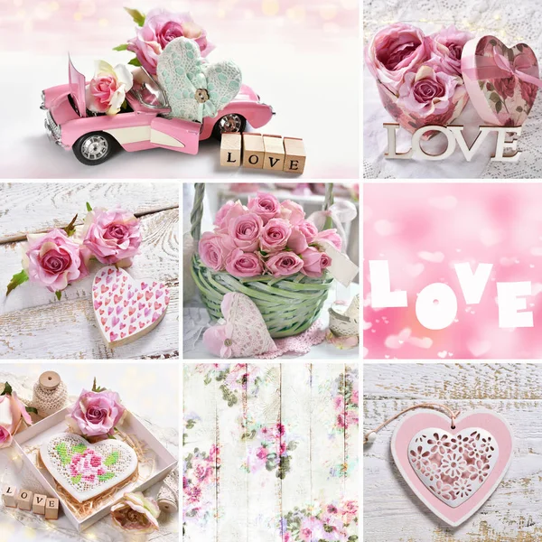 Collage Concepto Amor Con Corazones Rosas Otros Símbolos Color Rosa —  Fotos de Stock