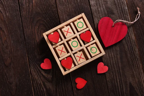 Wooden Tic Tac Toe Game Red Hearts Letters Love Game — Stock Photo, Image