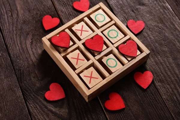 Wooden Tic Tac Toe Game Red Hearts Letters Love Game — Stock Photo, Image