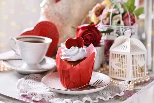 Delicious Muffin Red Chocolate Heart Cup Coffee Romantic Decoration Stock Photo