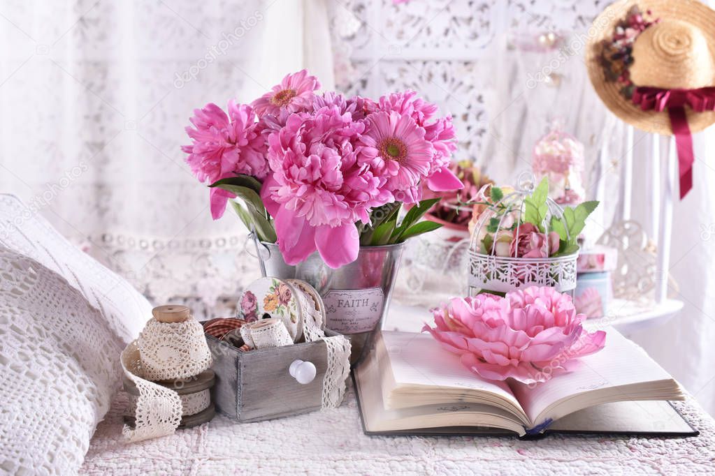 bunch of peonies in vintage style bedroom