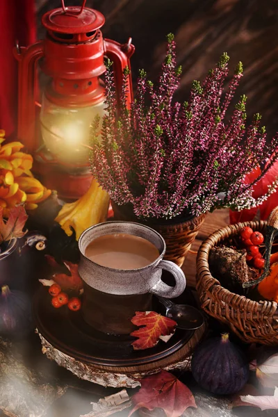 Decorazione autunnale e tazza di caffè — Foto Stock