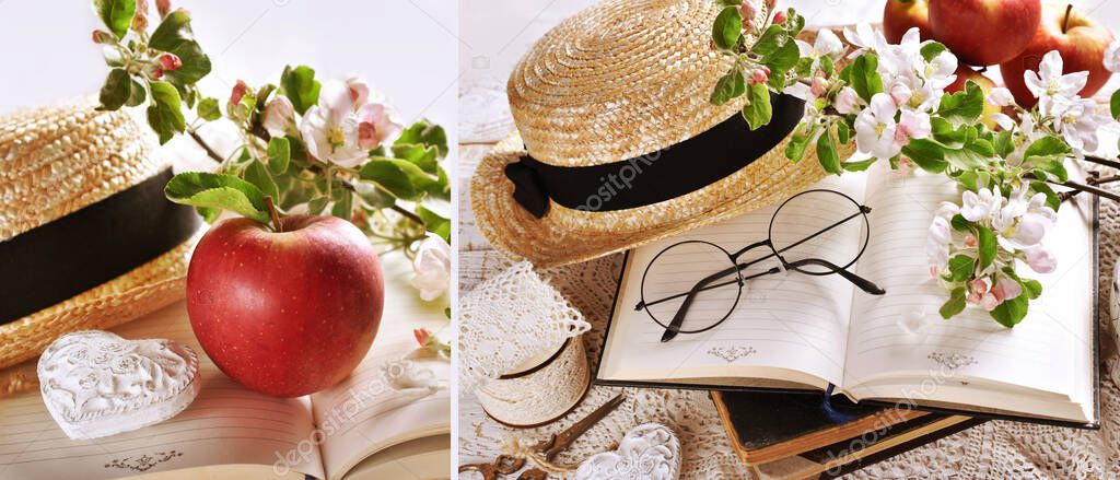 romantic style collage with apple blossoms and red fruits, old books and straw hat