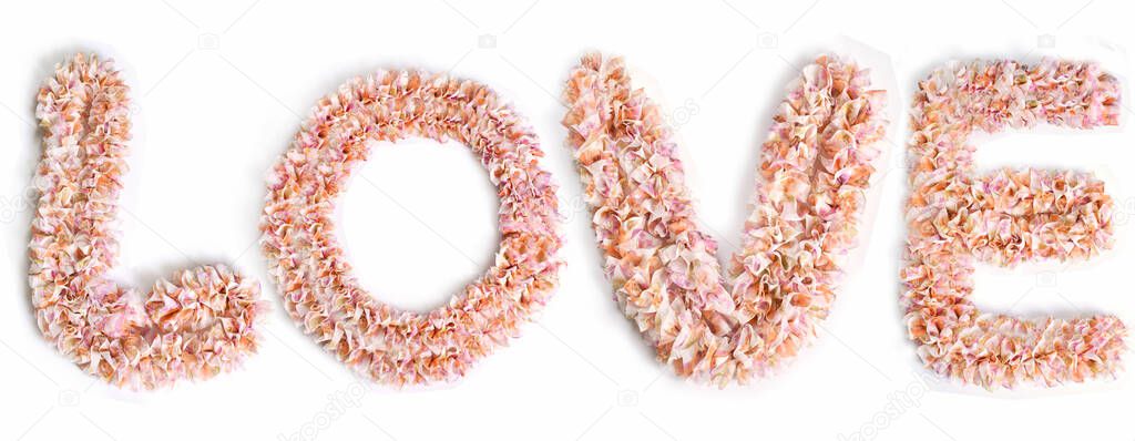 flat lay with letters made of ruffled fabric forming the word LOVE isolated on white