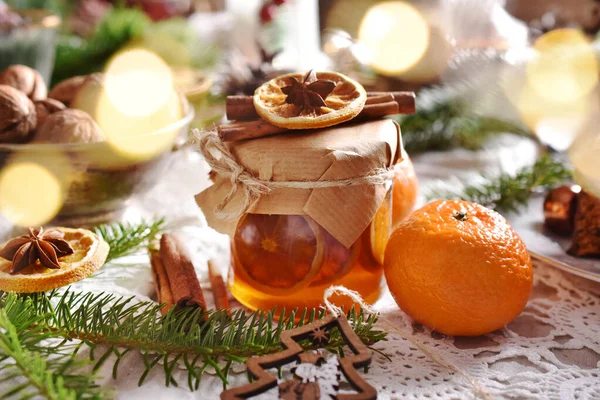 Slices Mandarin Syrup Jar Christmas Festive Table — Stock Photo, Image