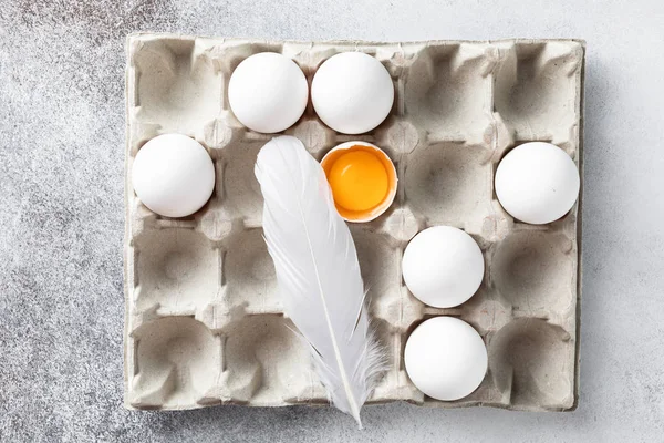 Chiken eggs with one broken egg with yellow yolk in the carton tray with white bird feather on the light grey background