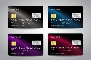 Beyaz, mavi, mor, kırmızı soyut dalgalar ile siyah tasarım arka plan ile ayarlanan gerçekçi detaylı kredi kartları. Vektör şablonu eps10