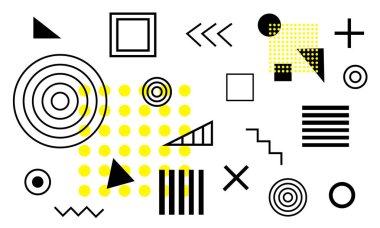 Basit geometrik şekiller Halftone vektör soyut Memphis tarzı Retro arka plan. Afiş, el ilanları, broşür, poster, baskı, satış vb için tasarım Vektör şablonu eps10