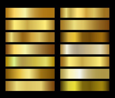 Altın folyo doku degradeler şablon kümesi. Arka planlar, kapak, çerçeve, şerit, afiş, sikke, etiket, afiş, kart, simge vb için altın vektör derece toplama tasarımı.