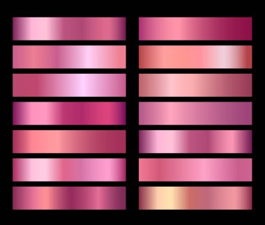 Gül altın vektör folyo doku degradeler şablonları ayarlayın. Arka planlar, kapak, çerçeve, şerit, afiş, sikke, etiket, afiş, kart poster tasarımı için pembe metalik degrade illüstrasyon derece koleksiyonu