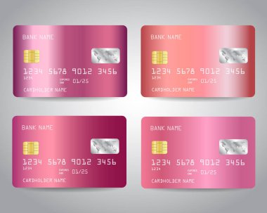 Gerçekçi detaylı kredi kartları ile gül altın soyut pembe metalik gradinet tasarım arka plan ayarlayın. Altın renkleri pembe, rose. Vektör çizim Eps10