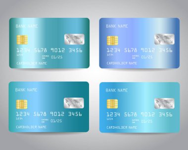 Mavi altın metalik degrade tasarım arka plan ile ayarlanan gerçekçi detaylı kredi kartları. Mavi renkler. Vektör illüstrasyon eps10