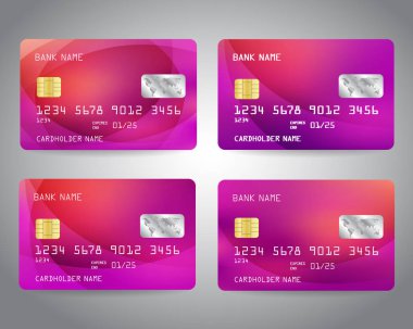 Renkli ışık soyut degrade tasarım arka plan ile ayarlanmış gerçekçi detaylı kredi kartları. Mor, pembe, kırmızı renkler. Vektör Illustration