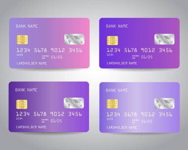 Renkli soyut trendy lavanta renk degrade tasarım arka plan ile ayarlamak gerçekçi detaylı kredi kartları. Pembe, mor, menekşe, Lila, lavanta renkleri. Vektör illüstrasyon eps10