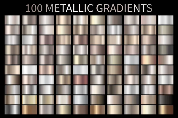 Metalik, bronz, gümüş, altın, krom metal folyo doku gradyan şablonvektör swatche seti. Arka planlar için Metalllic gradyan çizim gradasyonu, afiş, kullanıcı arabirimi Vektör şablon tasarımı