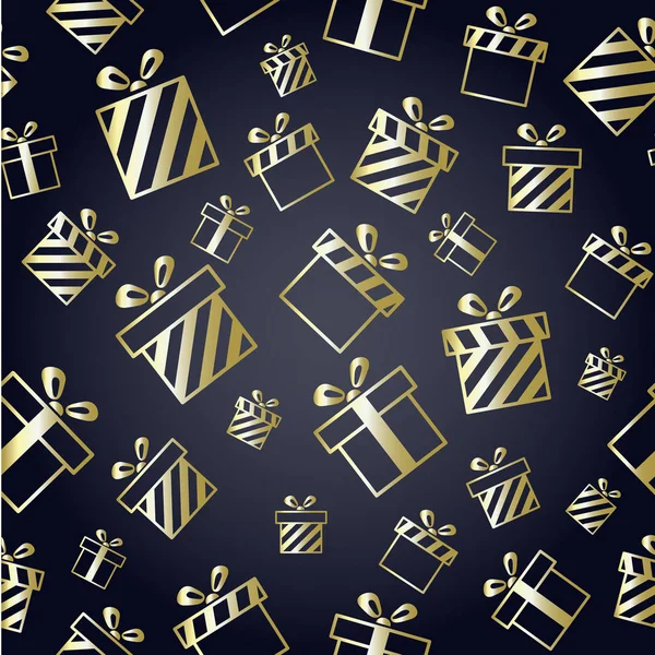 圣诞矢量图案与黄金礼品盒在黑色背景 新年矢量设计 圣诞节设计的卡 礼品盒 婚礼和其他假期 — 图库矢量图片