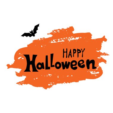 Turuncu Boya arka planda yarasa ile mutlu Cadılar Bayramı metin afiş. Vektör tasarımı. Yaratıcı yazı. Tasarım tebrik kartı, davetiye, afiş, broşürler, poster halloween tatil