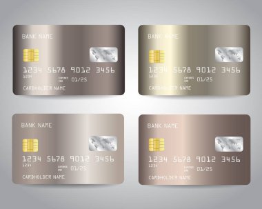 Bronz Altın soyut metalik folyo gradinet tasarım arka plan ile ayarlanmış gerçekçi detaylı kredi kartları. Bronz, bej, altın renkler. Vektör illüstrasyon eps10