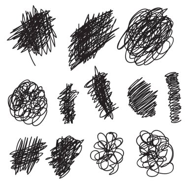 Karalama fırça vuruş seti, logo tasarım elemanı. Vektör el çizilmiş çizgi kenarlıkları ayarlayın. Beyaz üzerinde yalıtılmış çizim vuruşları. Doodle tarzı fırçalar