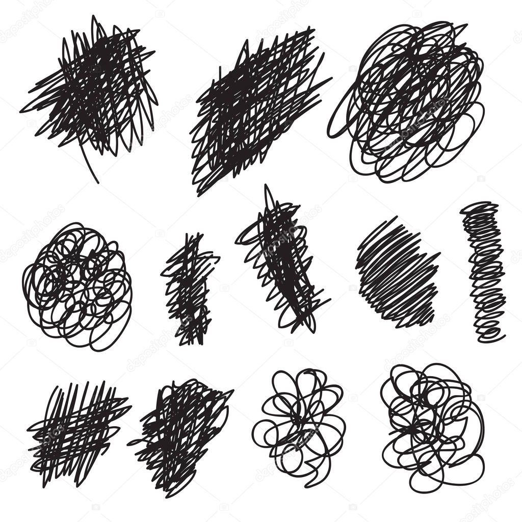 Scribble brush strokes set, logo design element. Set of vector hand drawn line borders. Sketch strokes isolated on white. Doodle style brushes