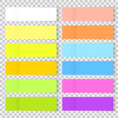 Vektör renkli ofis imleri veya çıkartma notu kağıt izole. Şeffaf arka planda izole edilmiş gölge ile yapışkan kağıt veya kitap işaretleri kümesi. Tasarım için vektör sarı, mavi, kırmızı yazı notu