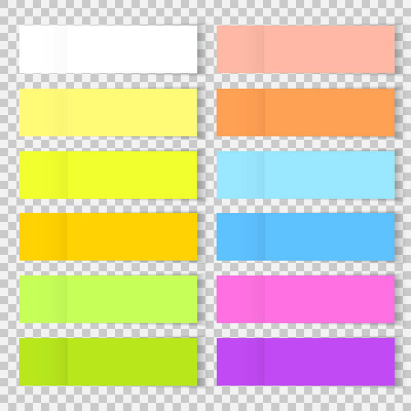 Vector colorful office bookmarks or sticker note paper isolated. Set of sticky paper or bookmarkers with shadow isolated on a transparent background. Vector yellow, blue, red post note for your design