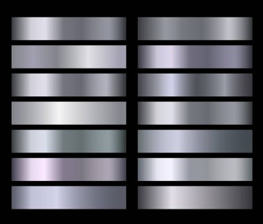 Gümüş mavi metalik, bronz, altın, krom Metal Folyo doku vektör degradeler. Arka planlar, afiş, Kullanıcı arayüzü vektör şablon tasarımı için gümüş metalik degrade derece
