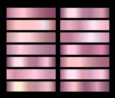 Gül altın vektör pembe folyo doku degradeler şablonları ayarlayın. Arka planlar, kapak, çerçeve, şerit, afiş, afiş, kart poster tasarımı için pembe metalik degrade illüstrasyon derece koleksiyonu
