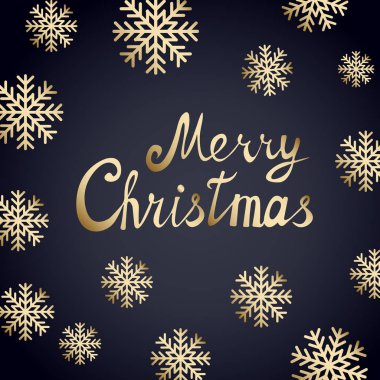 Altın kar taneleri ile siyah arka plan üzerinde altın metin ile Merry Christmas vektör kartı. Zarif vektör Noel kartı, logo, metin tasarımı. Afiş, tebrik kartları, broşürler, davetiye için vektör tasarımı