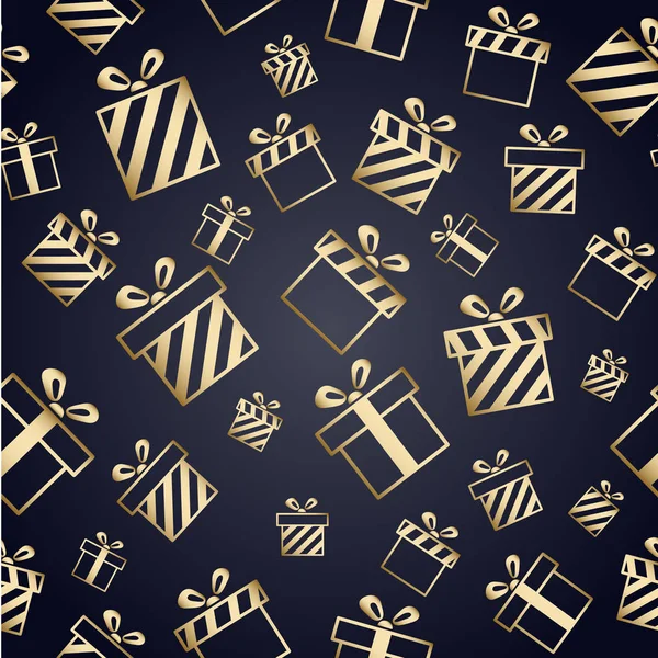 黒の背景に金のギフトボックスとクリスマスベクターパターン 新年ベクターデザイン カード 招待状 ギフトボックス 誕生日 結婚式やその他の休日のためのクリスマスのデザインラッピング紙印刷 — ストックベクタ
