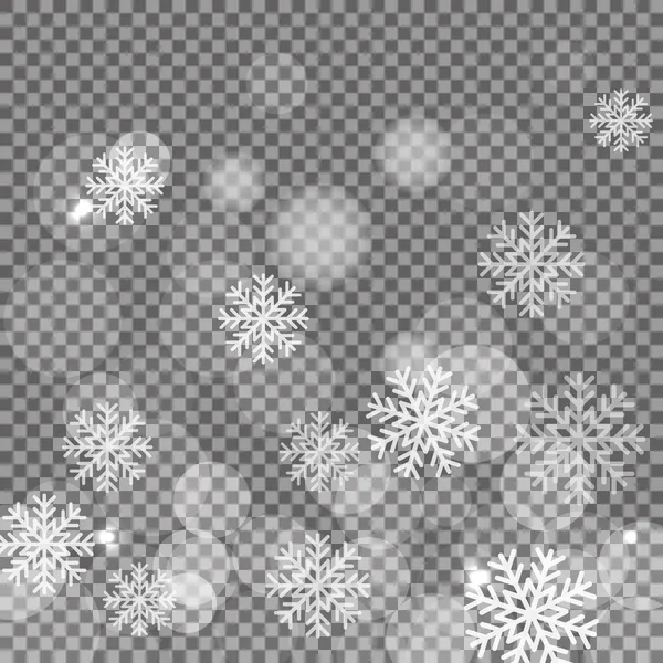 暗い背景に孤立したクリスマスと新年の雪のベクトル 落ちる雪片は透明な装飾効果を輝きます ベクトルスノーフレークパターン マジックボケ雪テクスチャ背景イラスト — ストックベクタ