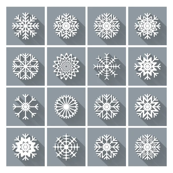 Copos Nieve Iconos Establecidos Con Sombra Larga Elementos Diseño Plano — Vector de stock