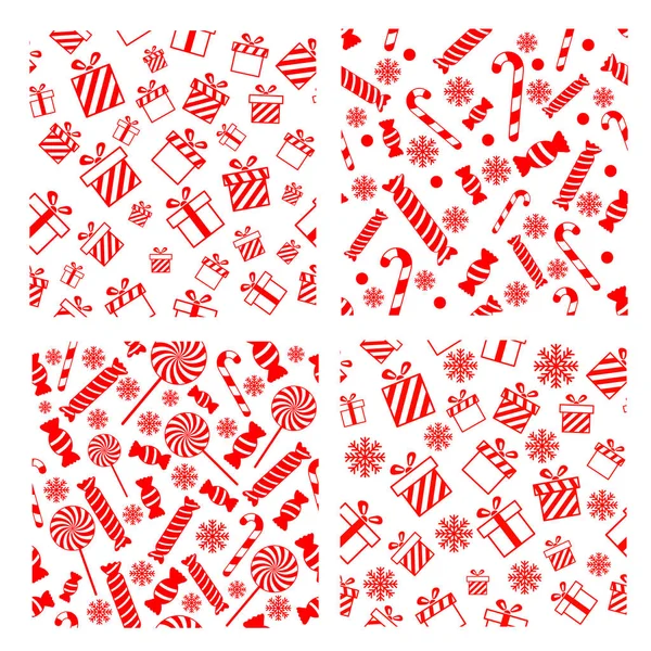Reihe Nahtloser Weihnachtsmuster Mit Geschenkschachteln Bonbons Und Schneeflocken Vektor Urlaubshintergrund — Stockvektor