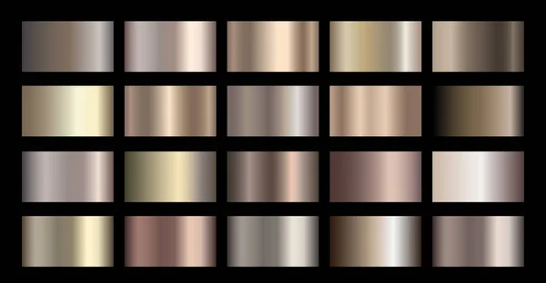 Metallic, brons, zilver, goud, chroom, koper metaalfolie textuur gradiënt vector Swatch set — Stockvector