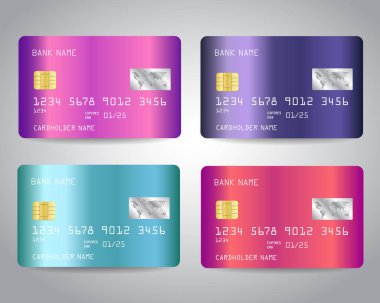 Renkli parlak metalik soyut trendy tasarım arka plan ile kredi kartları vektör seti