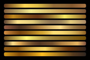 Altın Gradyan vektör seti. Parlak, zarif altın, bronz, bakır derecelendirme renkleri sınır, logo, etiket tasarımı, ambalaj, çerçeve, kurdele, ödül sertifikası Noel tasarımı