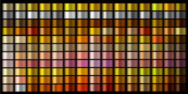 Vektör Gradients koleksiyonu. Altın, altın, altın, altın, gümüş, bronz, bakır, krom renkler. Krom kenarlık, logo, etiket tasarımı, ambalaj çerçevesi kurdele ödülü için parlak, zarif renkler