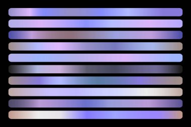 Holografik Gradyan vektör seti. Parlak, holografik, inci, neon, krom metalik, hafif mor renk sınır, logo, etiket tasarımı, ambalaj, çerçeve sertifikası