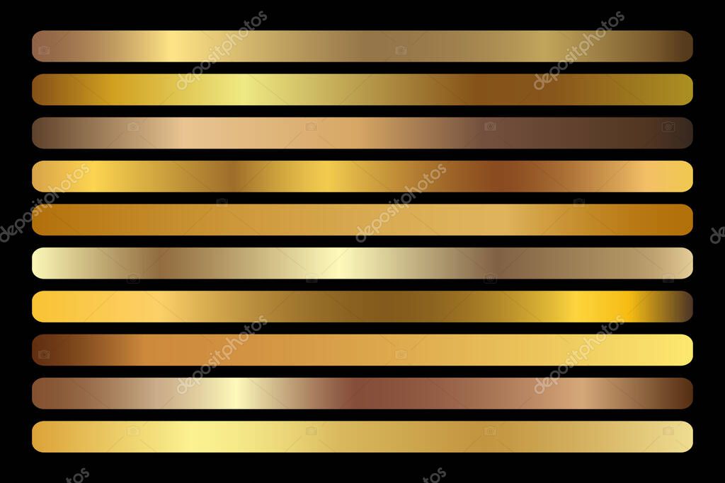 Gold Gradient vector set. Shiny, elegant golden, bronze, copper gradation colors for border, logo, label design, packaging, frame, ribbon, award certificate Christmas design