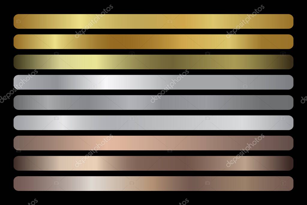 Gold, silver, bronze gradients vector set. Golden, bronze, chrome, chromium, metal rose gold, copper metallic gradation colors for awards, medals design, packaging, frame ribbon Christmas design