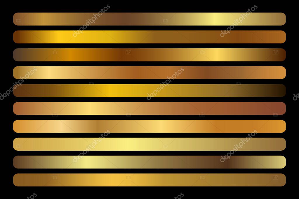 Gold Gradient vector set. Shiny, elegant golden, bronze, copper gradation colors for border, logo, label design, packaging, frame, ribbon, award certificate Christmas design