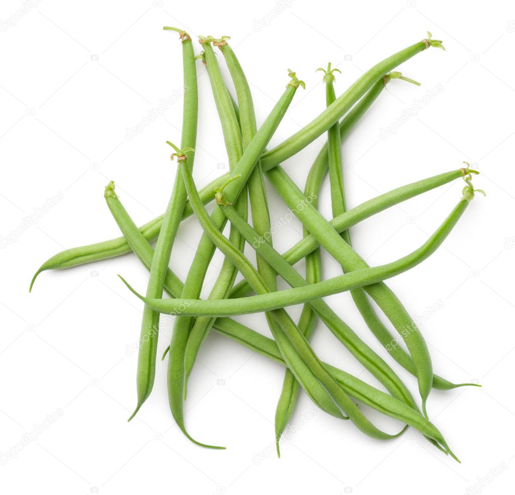 Green beans isolated on white background. Top view