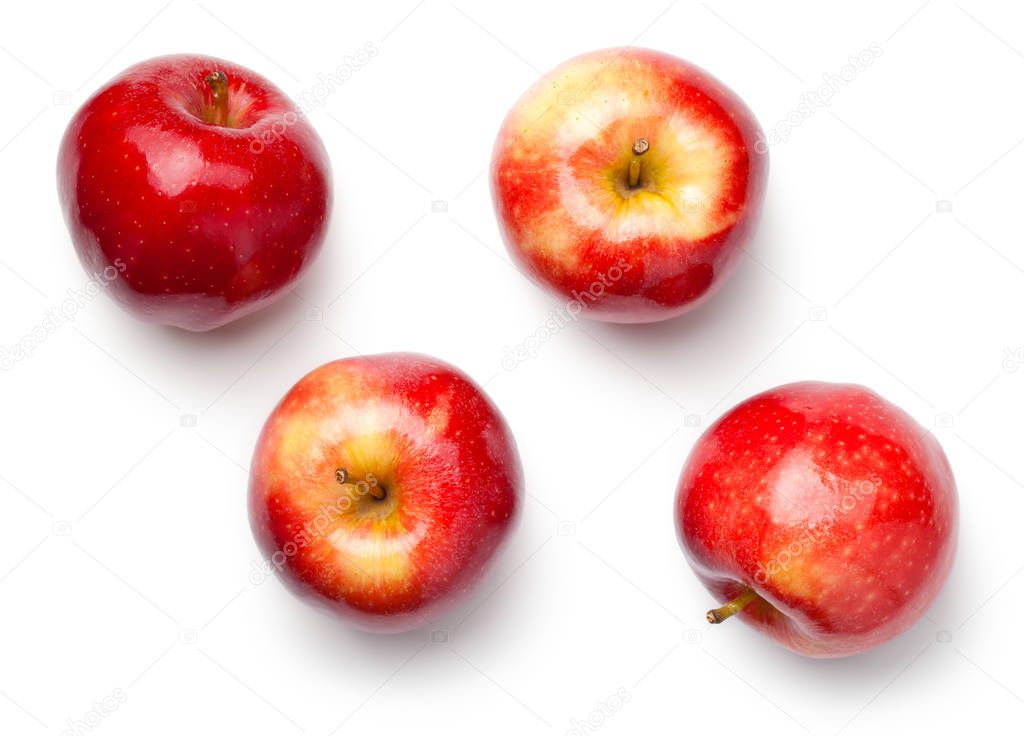 Red apples isolated on white background. Gala apple. Top view