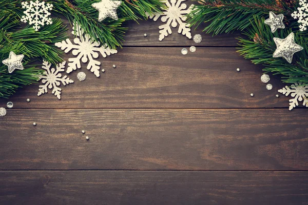 Christmas Composition Snowflakes Stars Wooden Background Copy Space Top View — Stock Photo, Image