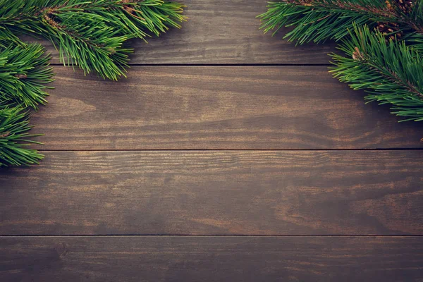 Christmas Background Wooden Table Copy Space Top View — Stock Photo, Image