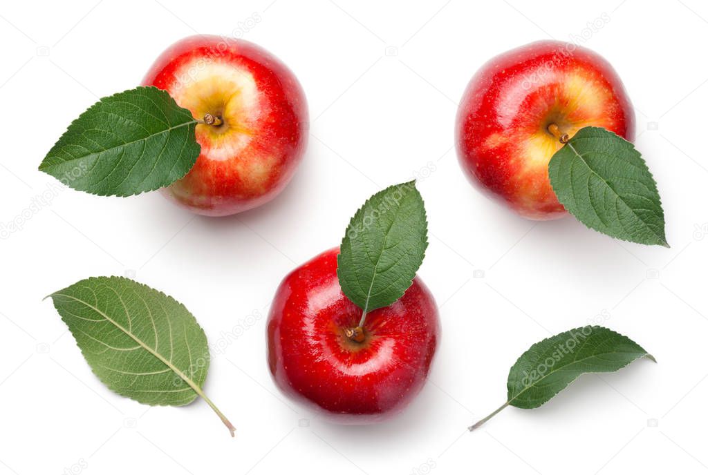 Red apples with green leaves isolated on white background. Gala apple. Top view
