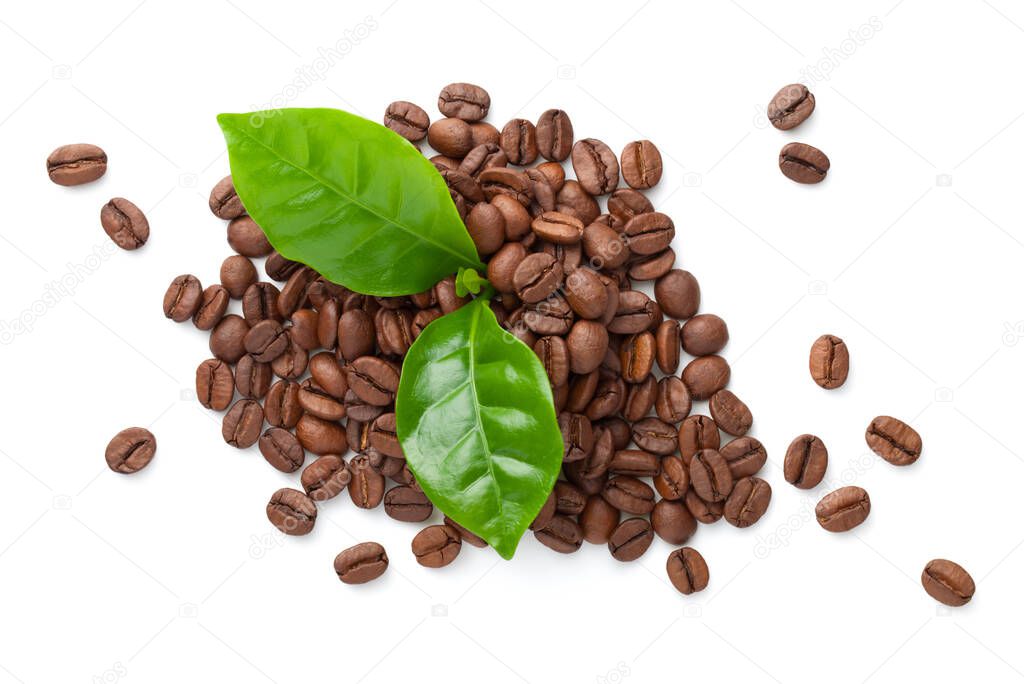 Pile of coffee beans with green leaves isolated on white background. Roasted arabica. Bio organic eco food. Top view